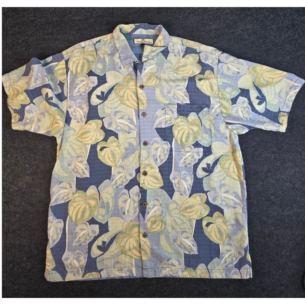 Tommy Bahama Men's Blue Yellow Floral Silk Camp Hawaiian Shirt Oversized Size L - Picture 1 of 9